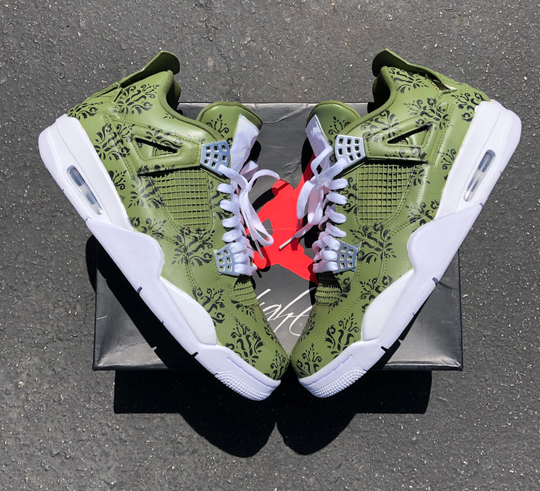 Custom Air Jordan 4 Olive Green With Black Floral Patterns 