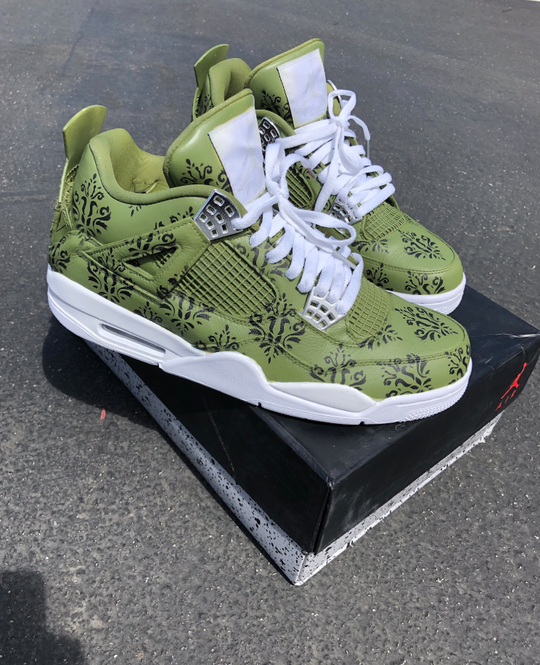 Custom Air Jordan 4 Olive Green With Black Floral Patterns 