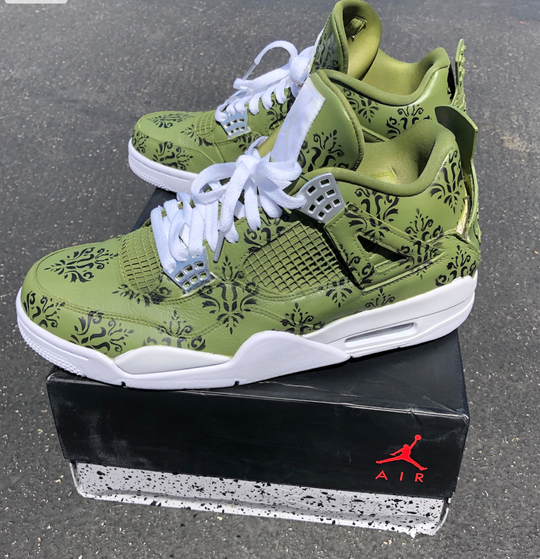 Custom Air Jordan 4 Olive Green With Black Floral Patterns 