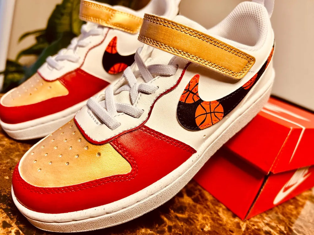Custom Court White Red Gold With Basketball Pattern