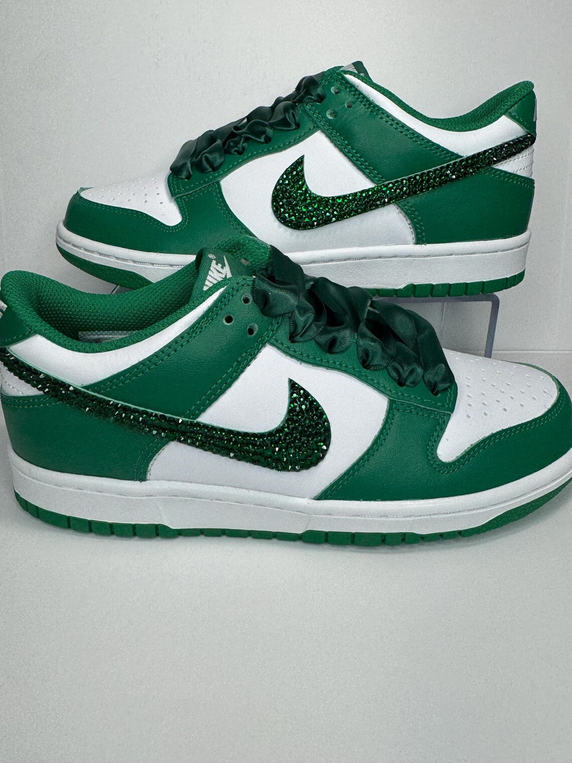 Custom Dunk Green White Diamond Satin Laces