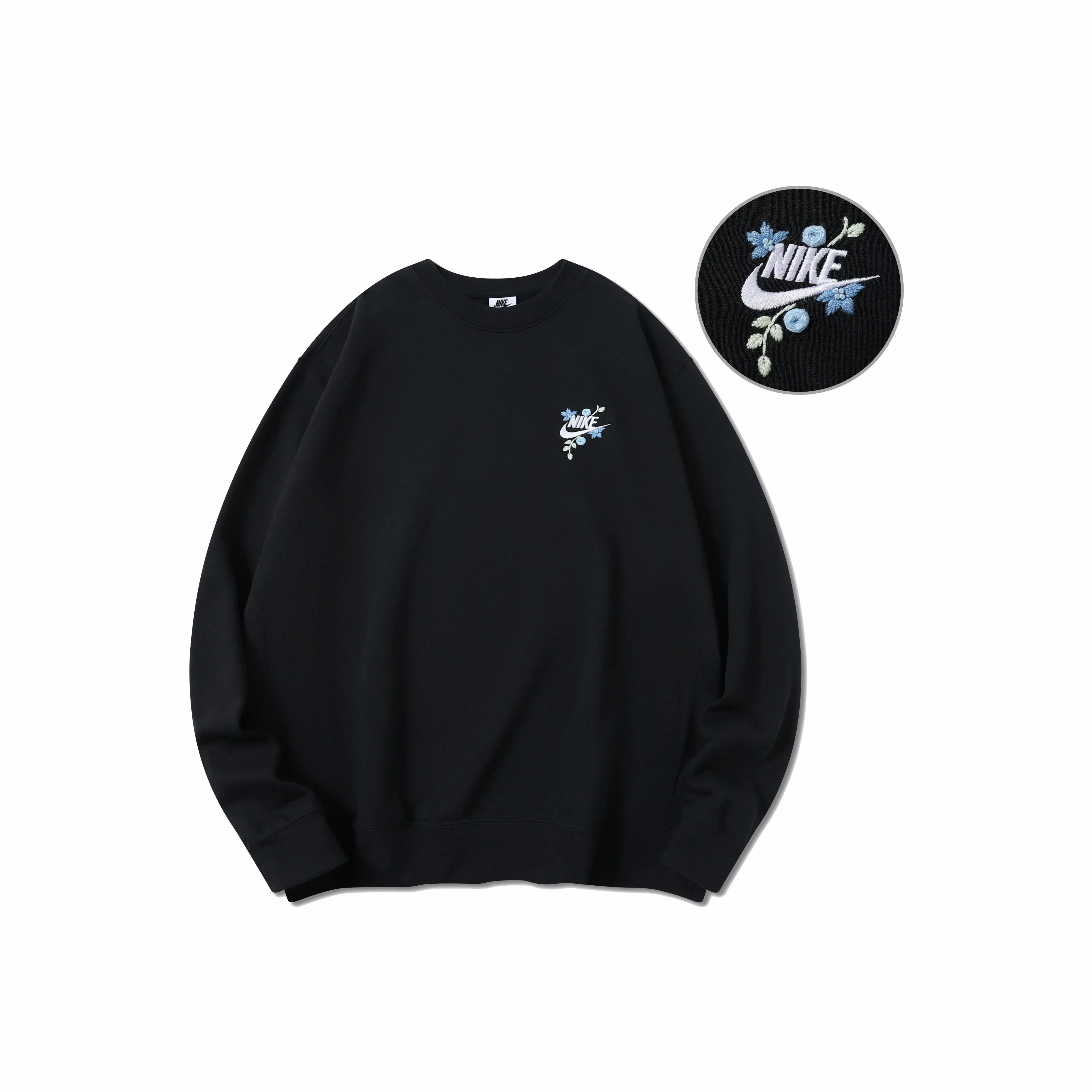 Custom Embroidery Nike Sweatshirt Blue Floral Design Black