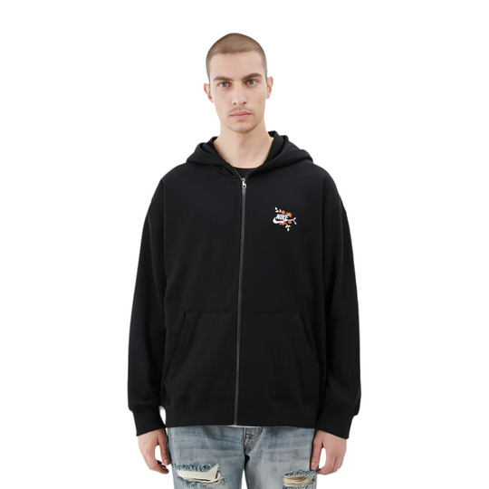 Custom Embroidery Nike Sweatshirt Floral Embroidered Black Zip - Up Hoodie