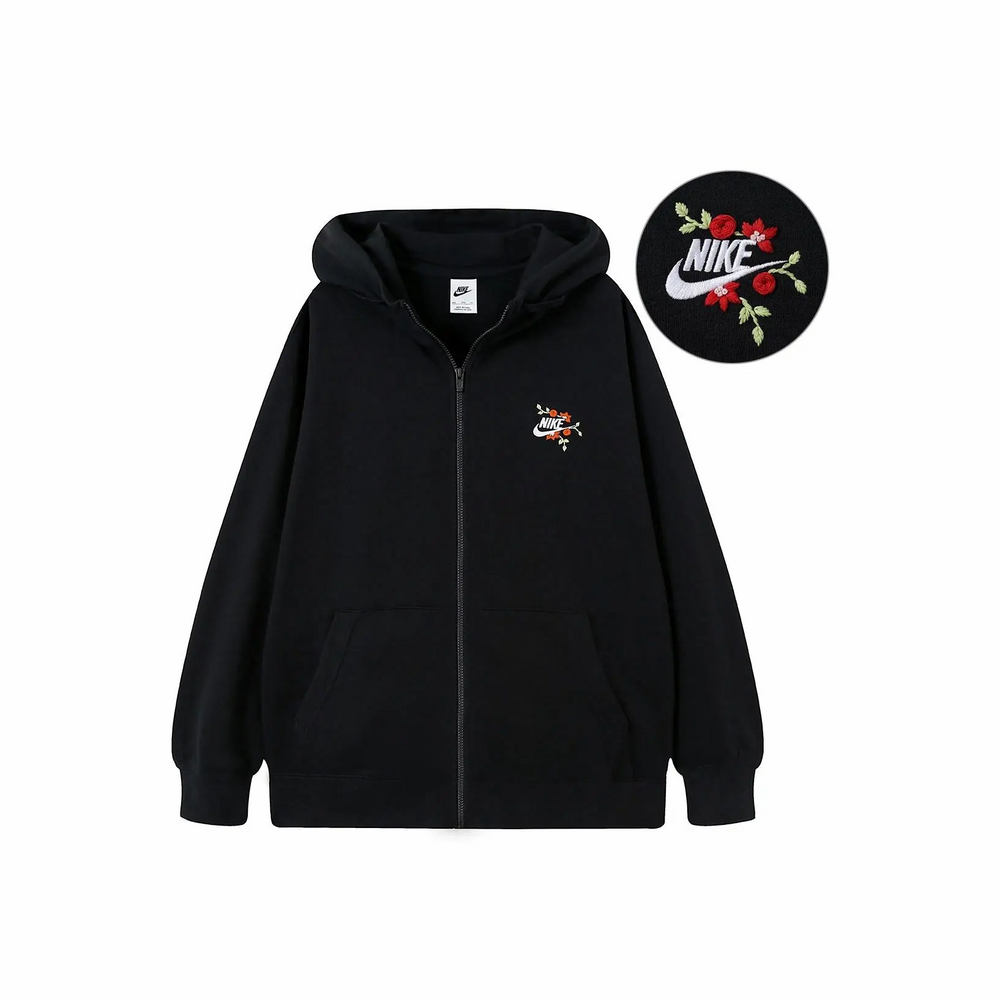 Custom Embroidery Nike Sweatshirt Floral Embroidered Black Zip - Up Hoodie