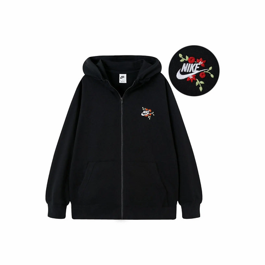 Custom Embroidery Nike Sweatshirt Floral Embroidered Black Zip - Up Hoodie