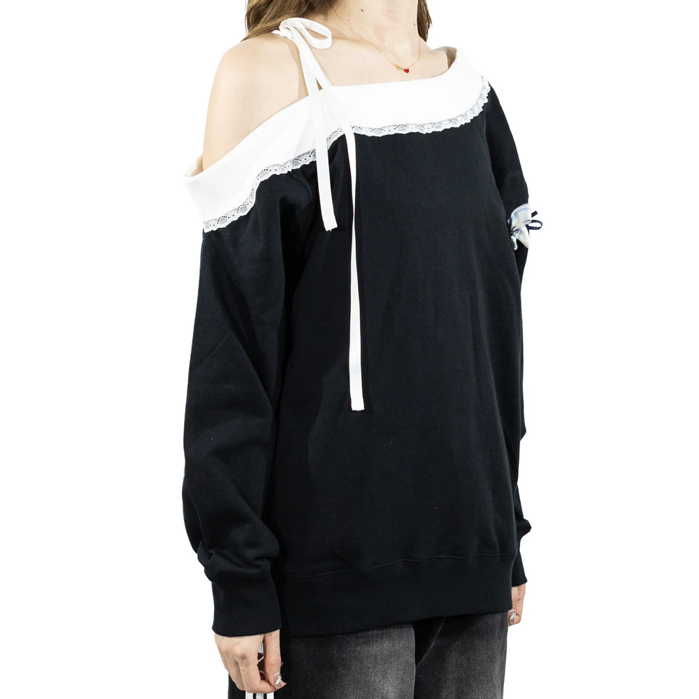 Custom Nike Sweatshirt Off Shoulder Black With Lace And Bow