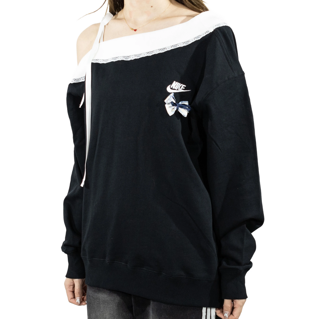 Custom Nike Sweatshirt Off Shoulder Black With Lace And Bow