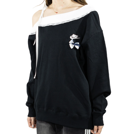 Custom Nike Sweatshirt Off Shoulder Black With Lace And Bow