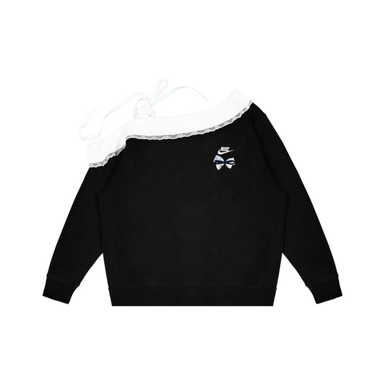 Custom Nike Sweatshirt Off Shoulder Black With Lace And Bow