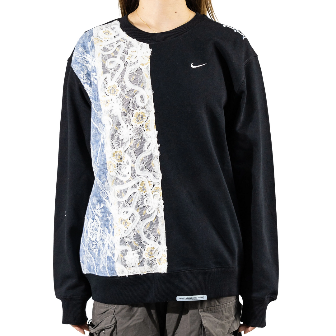 Custom Nike Sweatshirt With Floral Lace Panel Black