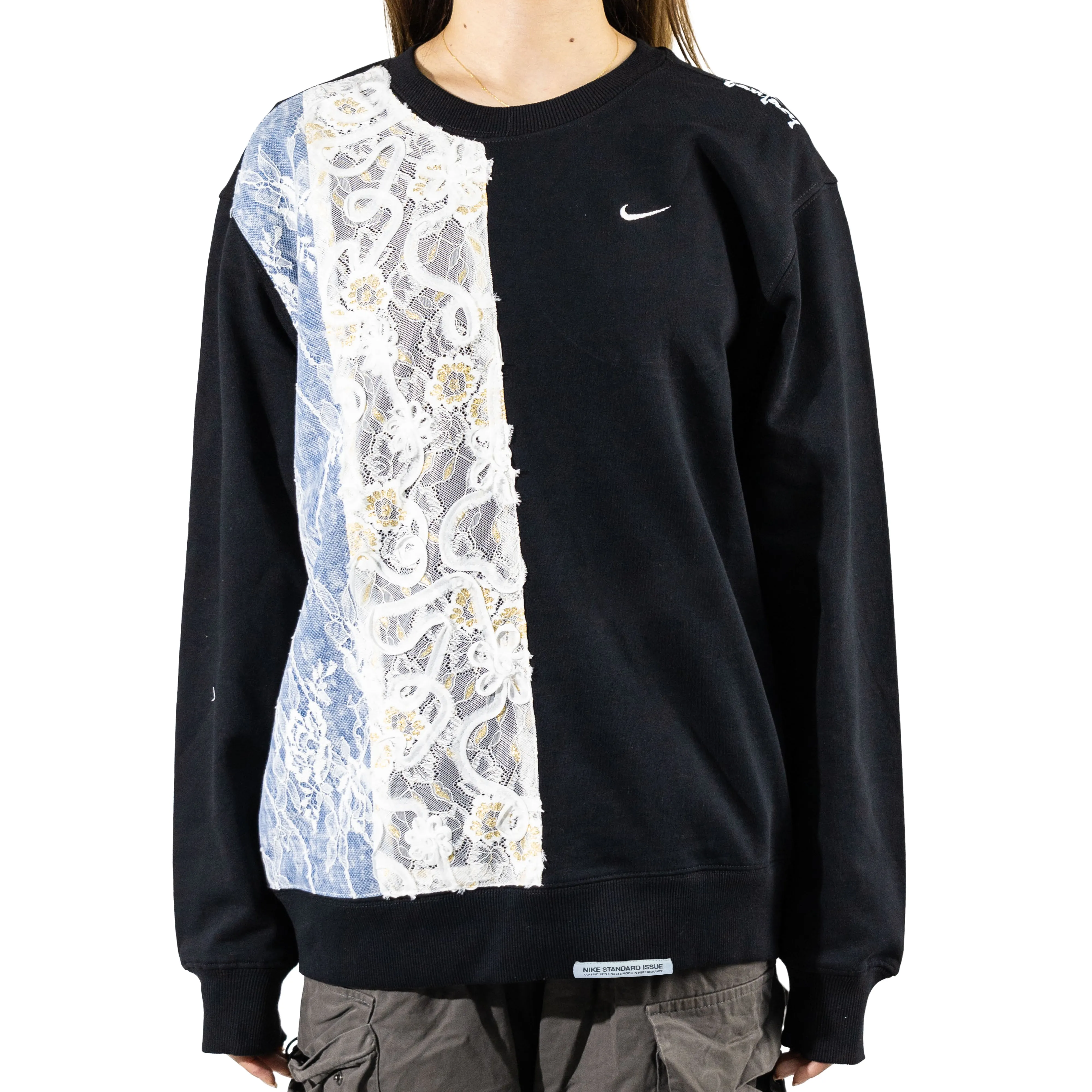 Custom Nike Sweatshirt With Floral Lace Panel Black