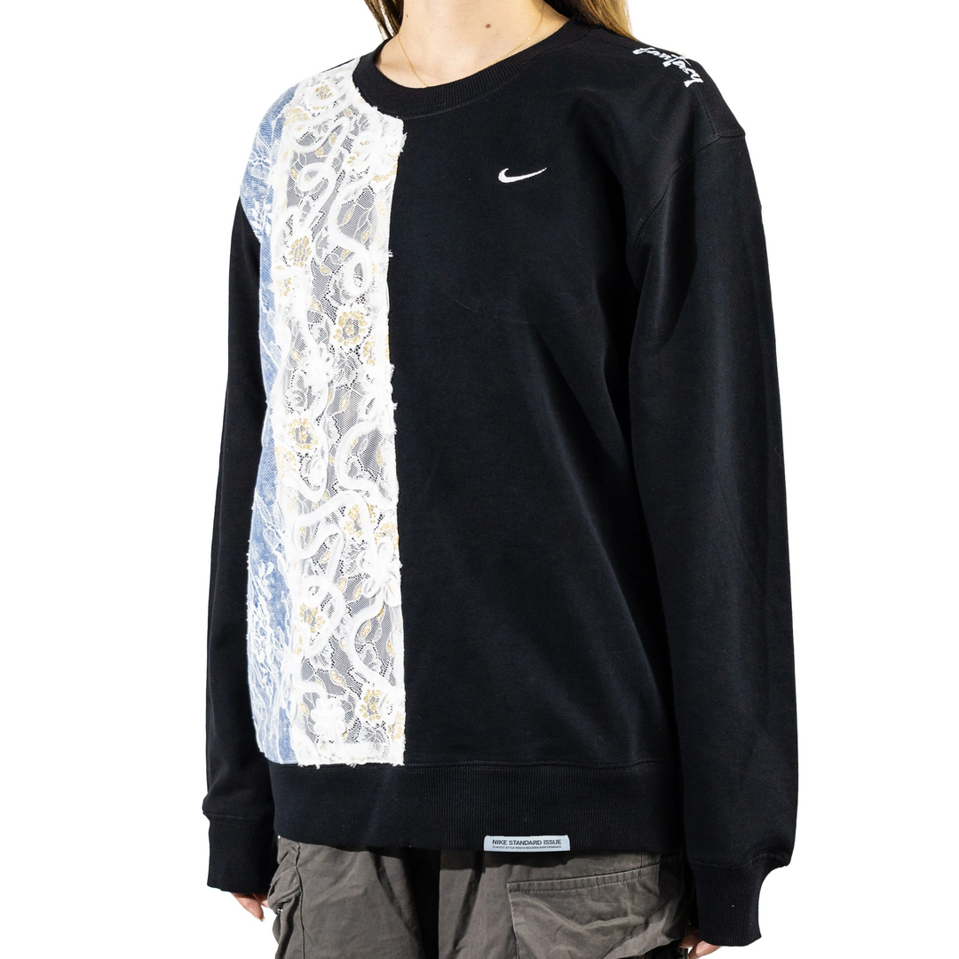 Custom Nike Sweatshirt With Floral Lace Panel Black