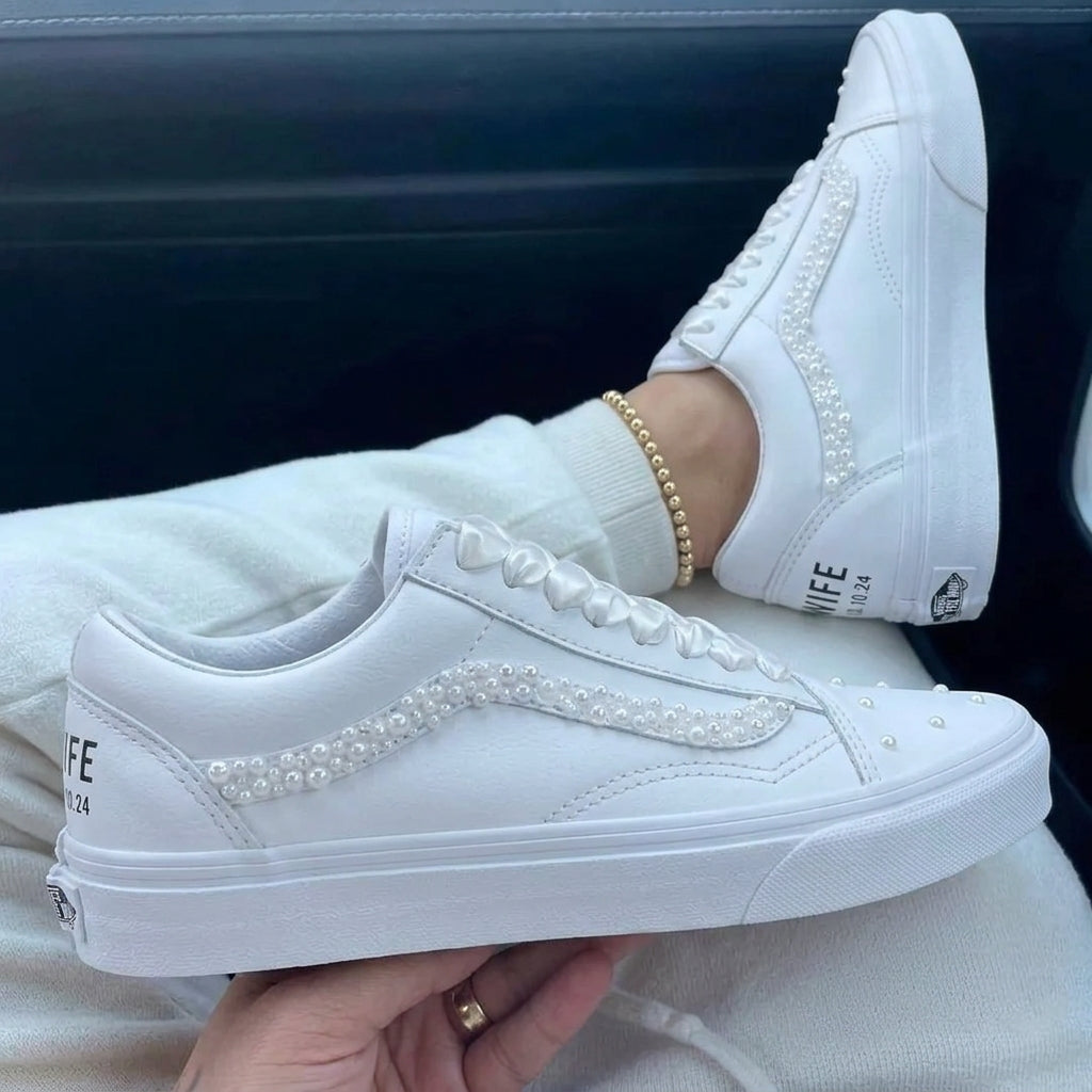 Custom Vans Pearl Embellished Satin Laces Weeding Shoes