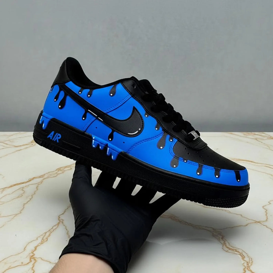 Blue black drip custom Air Force 1 sneakers with handmade finish