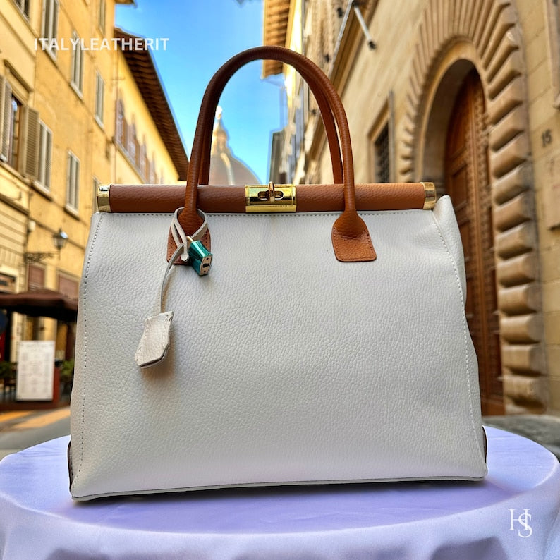 White & Tan Italian Genuine Leather Top Handle Tote Crossbody Bag with Gold Hardware Daily Commute Women's Handbag Perfect Match Custom Air Force 1 Custom Sneakers