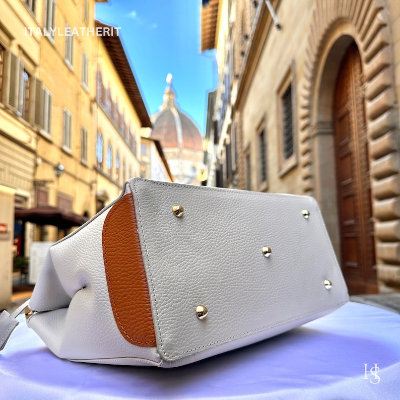 White & Tan Italian Genuine Leather Top Handle Tote Crossbody Bag with Gold Hardware Daily Commute Women's Handbag Perfect Match Custom Air Force 1 Custom Sneakers