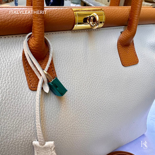White & Tan Italian Genuine Leather Top Handle Tote Crossbody Bag with Gold Hardware Daily Commute Women's Handbag Perfect Match Custom Air Force 1 Custom Sneakers