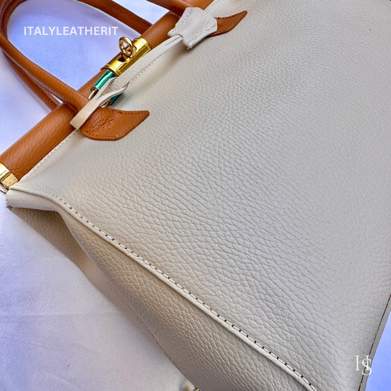 White & Tan Italian Genuine Leather Top Handle Tote Crossbody Bag with Gold Hardware Daily Commute Women's Handbag Perfect Match Custom Air Force 1 Custom Sneakers