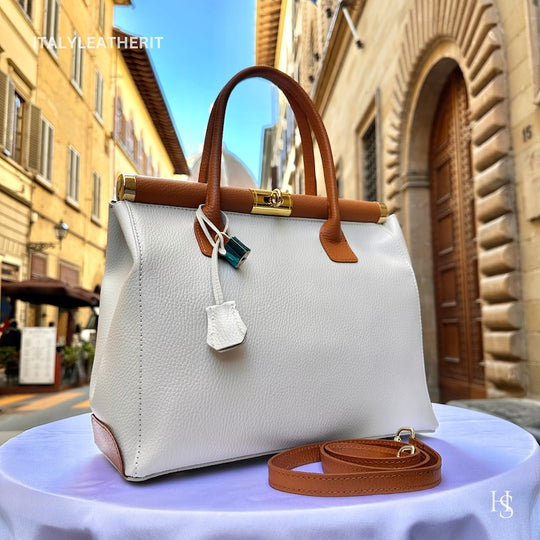 White & Tan Italian Genuine Leather Top Handle Tote Crossbody Bag with Gold Hardware Daily Commute Women's Handbag Perfect Match Custom Air Force 1 Custom Sneakers