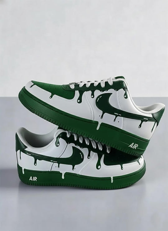 White Dark Green Drip Effect Hand Painted Custom Air Force 1, Trendy Streetwear Personalized Custom Sneakers, Comfortable Casual Fashion Shoes Gift for Men & Women