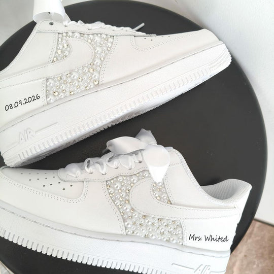 White Pearl Rhinestone Decor Bridal Custom Air Force 1, Personalized Name & Wedding Date Satin Lace Custom Sneakers for Wedding Bride
