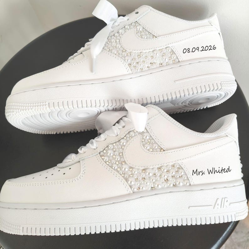 White Pearl Rhinestone Decor Bridal Custom Air Force 1, Personalized Name & Wedding Date Satin Lace Custom Sneakers for Wedding Bride