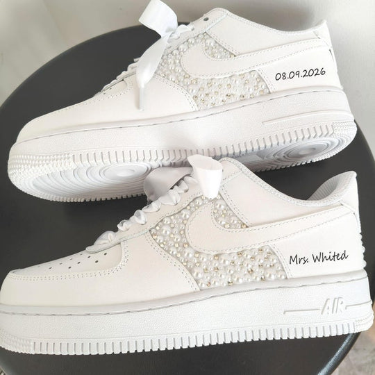 White Pearl Rhinestone Decor Bridal Custom Air Force 1, Personalized Name & Wedding Date Satin Lace Custom Sneakers for Wedding Bride