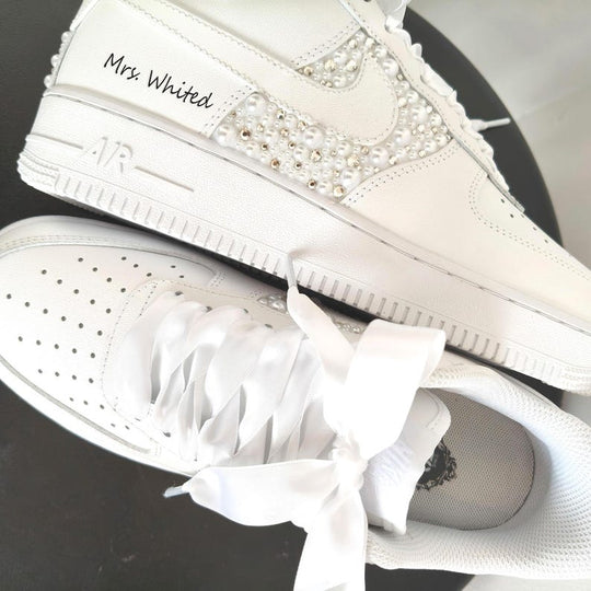White Pearl Rhinestone Decor Bridal Custom Air Force 1, Personalized Name & Wedding Date Satin Lace Custom Sneakers for Wedding Bride