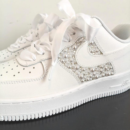 White Pearl Rhinestone Decor Bridal Custom Air Force 1, Personalized Name & Wedding Date Satin Lace Custom Sneakers for Wedding Bride