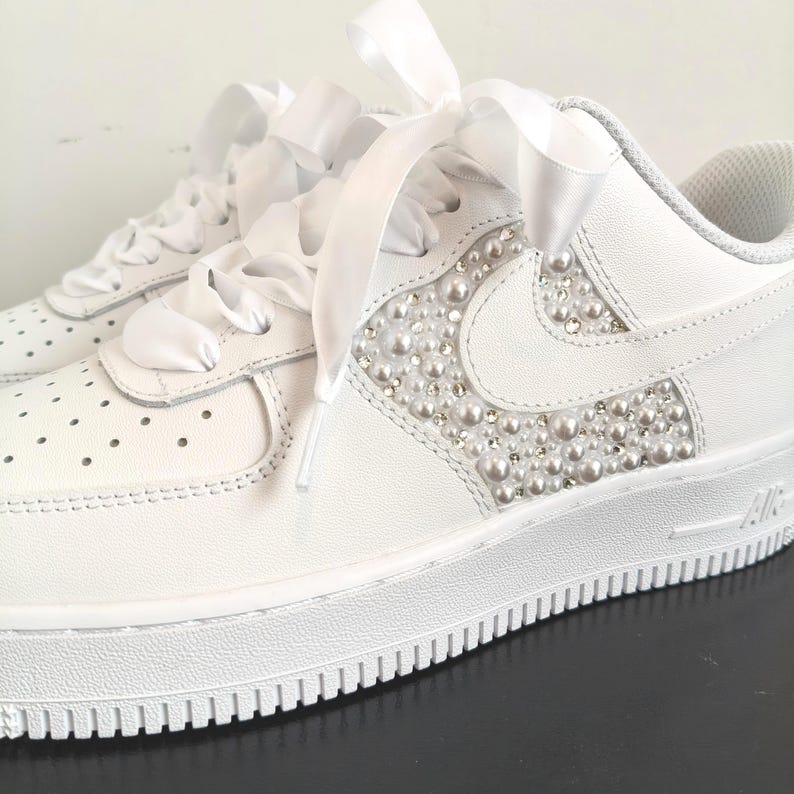 White Pearl Rhinestone Decor Bridal Custom Air Force 1, Personalized Name & Wedding Date Satin Lace Custom Sneakers for Wedding Bride