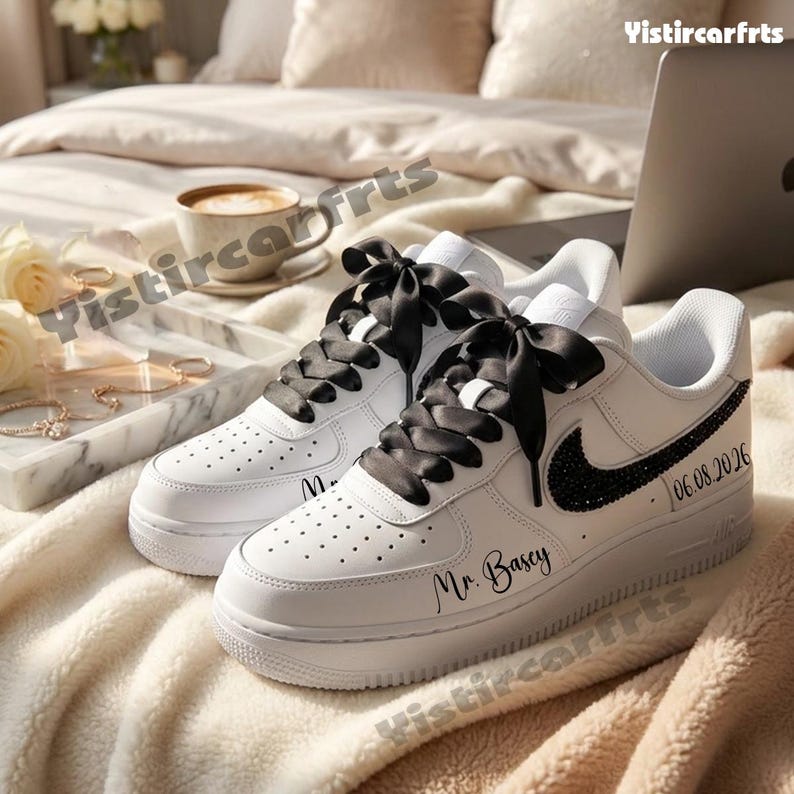 Personalized Wedding Custom Air Force 1 With Custom Name & Wedding Date, Black Rhinestone Swoosh Satin Bow Laces White Black Custom Sneakers For Bride Groom Bridal Anniversary Gift