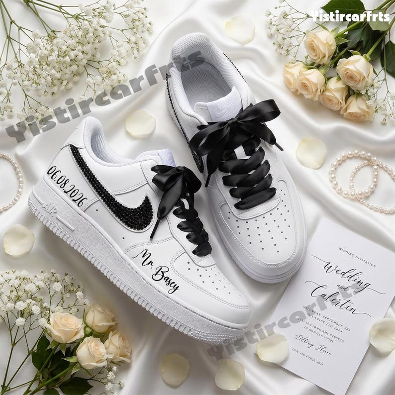 Personalized Wedding Custom Air Force 1 With Custom Name & Wedding Date, Black Rhinestone Swoosh Satin Bow Laces White Black Custom Sneakers For Bride Groom Bridal Anniversary Gift