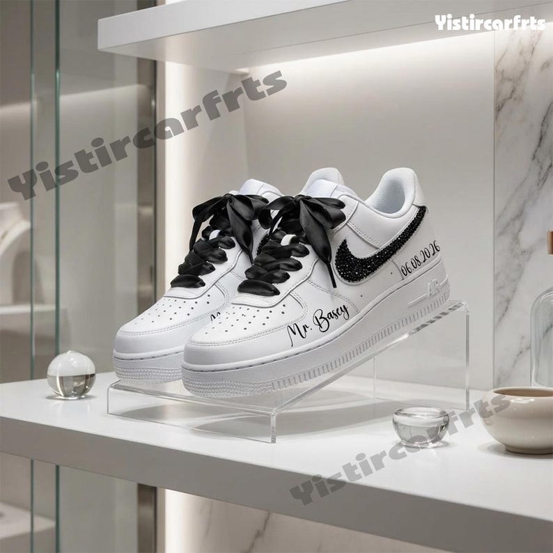 Personalized Wedding Custom Air Force 1 With Custom Name & Wedding Date, Black Rhinestone Swoosh Satin Bow Laces White Black Custom Sneakers For Bride Groom Bridal Anniversary Gift