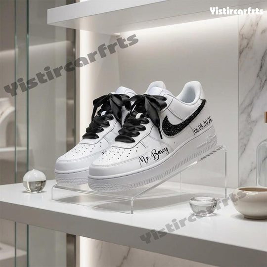 Personalized Wedding Custom Air Force 1 With Custom Name & Wedding Date, Black Rhinestone Swoosh Satin Bow Laces White Black Custom Sneakers For Bride Groom Bridal Anniversary Gift