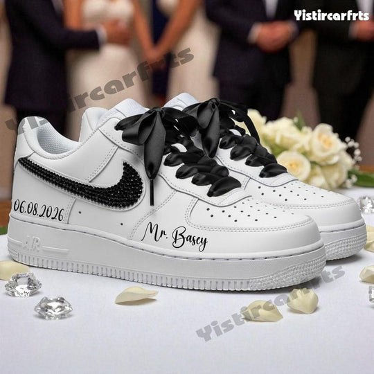 Personalized Wedding Custom Air Force 1 With Custom Name & Wedding Date, Black Rhinestone Swoosh Satin Bow Laces White Black Custom Sneakers For Bride Groom Bridal Anniversary Gift