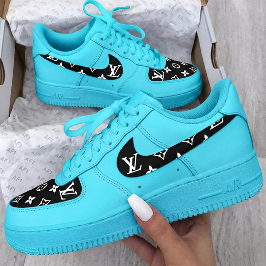 Custom Hand Painted Cyan Black Air Force 1 Sneakers