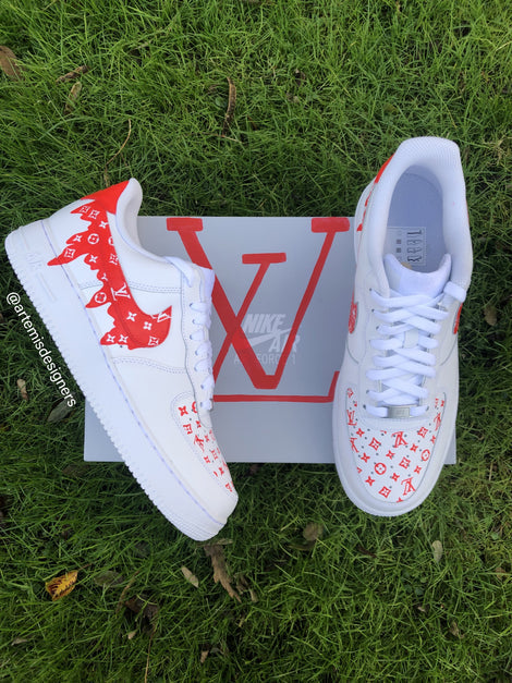 Custom Air Force 1 Red LV Logo Swoosh Drip