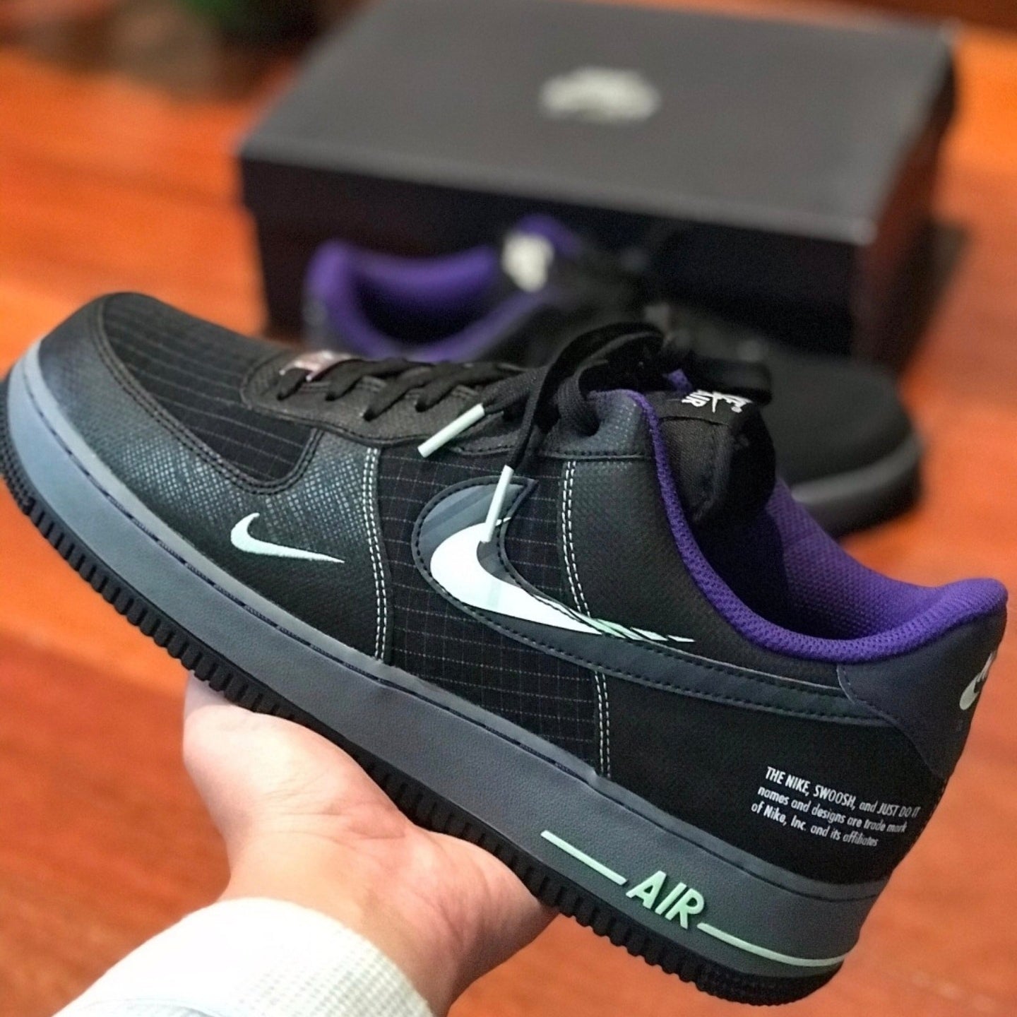 Custom Air Force 1 Black Purple Double Matcha Green Swoosh Reflective