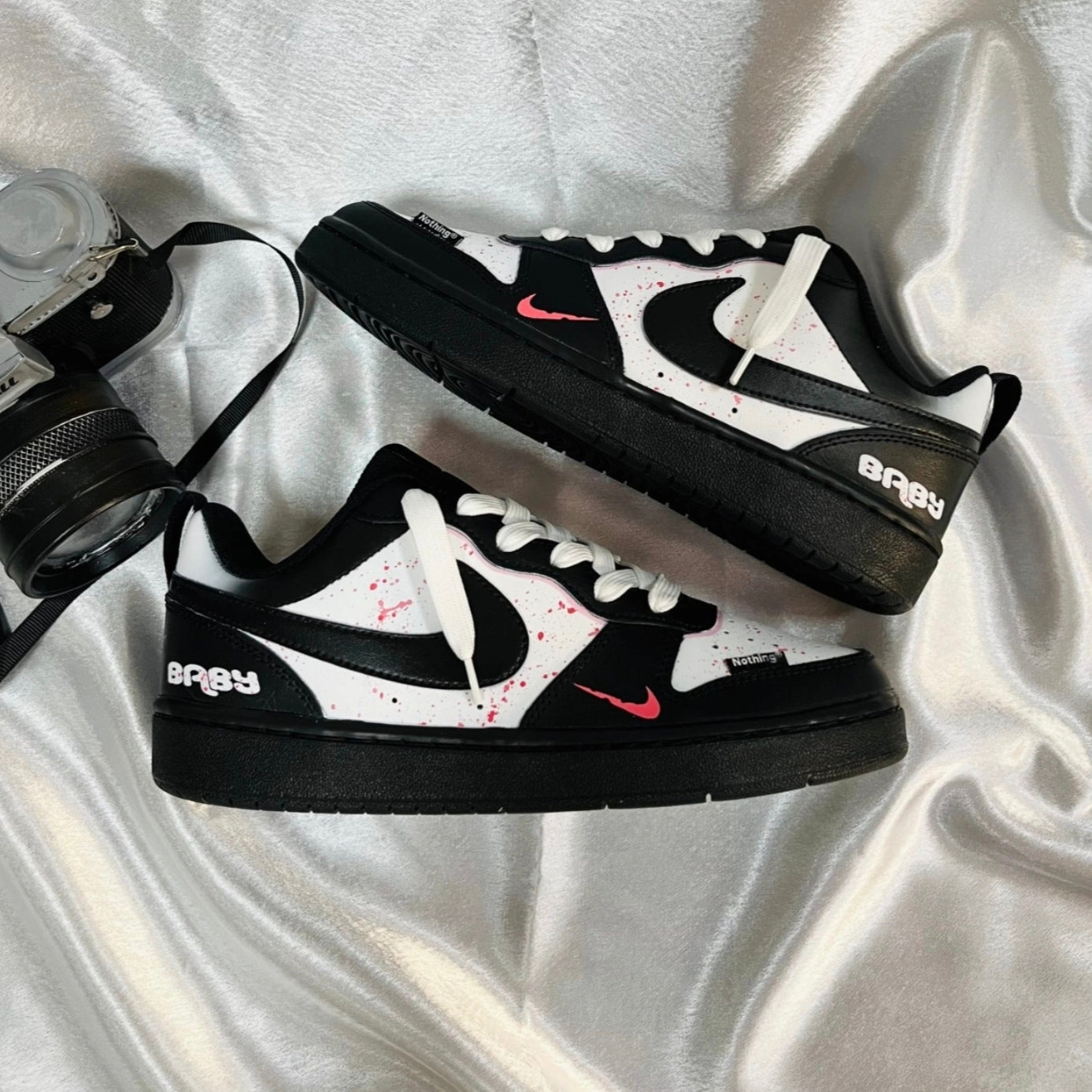 Custom Air Force 1 Black White Pink Double Swoosh