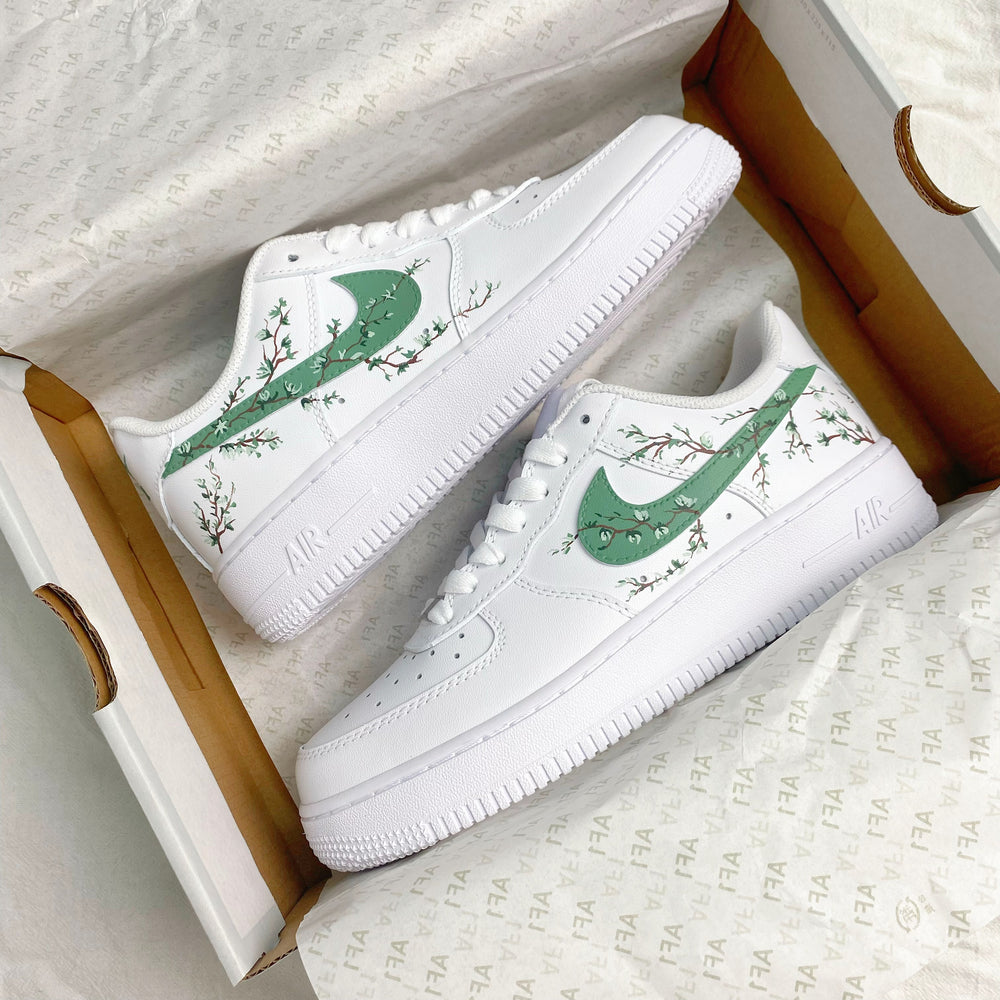 Custom Air Force 1 Green Leaves Brown Twigs Hand-drawn