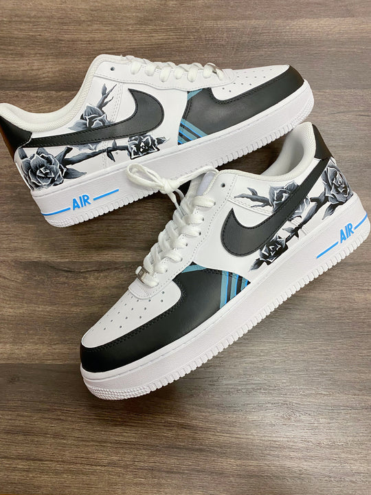 Custom Air Force 1 Black White Flowers Hand-drawn