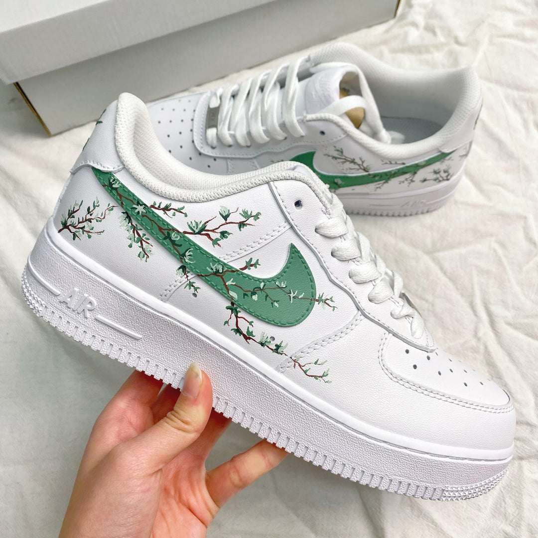 Custom Air Force 1 Green Leaves Brown Twigs Hand-drawn