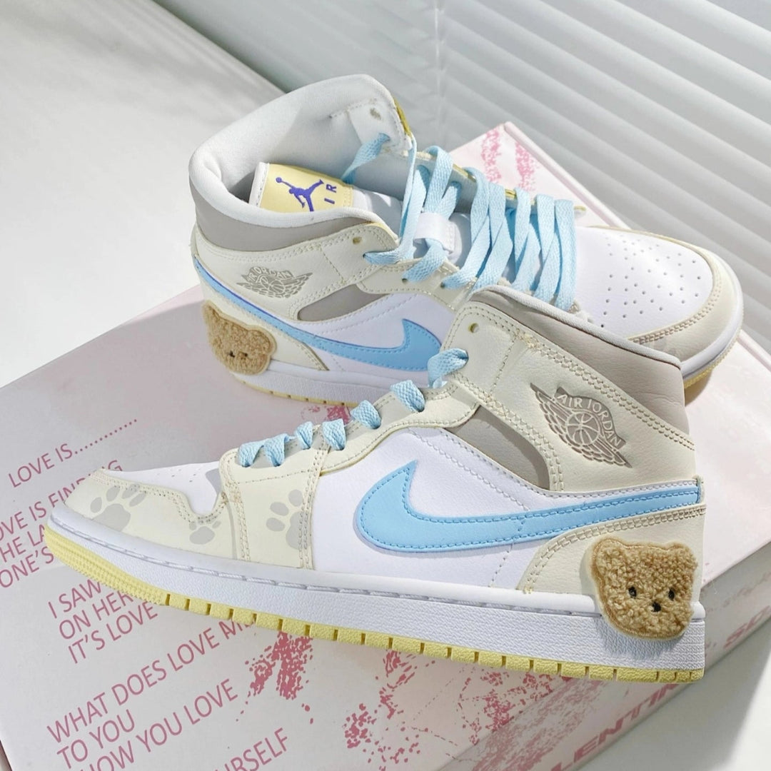 Custom Air Jordan 1 Light Yellow Blue Grey Paw Prints