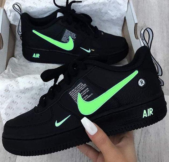 Custom Air Force 1 Black Green Swoosh White Fonts – Lilaccustom
