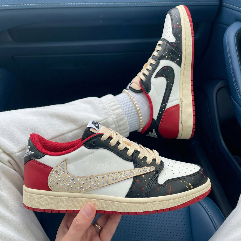 Travis Scott Custom Air Jordan 1 Black Red Beige Swoosh Rhinestones Splatter