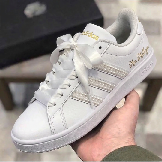 Weeding Custom Adidas White Gold Text Pearls Satin Laces