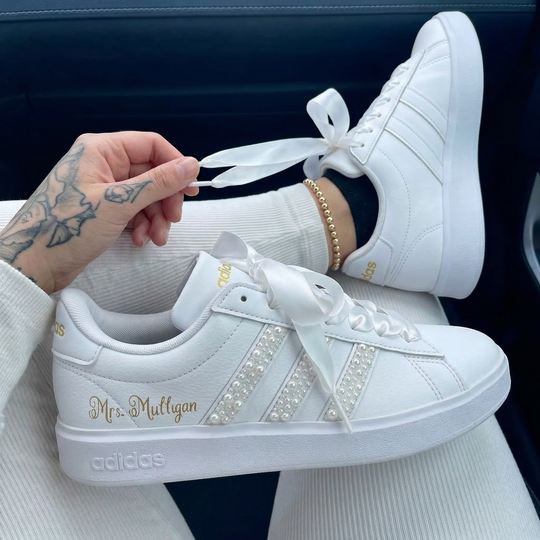 Weeding Custom Adidas White Gold Text Pearls Satin Laces