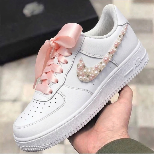 Weeding Custom Air Force 1 Baby Pink Pearls Bow Satin Laces