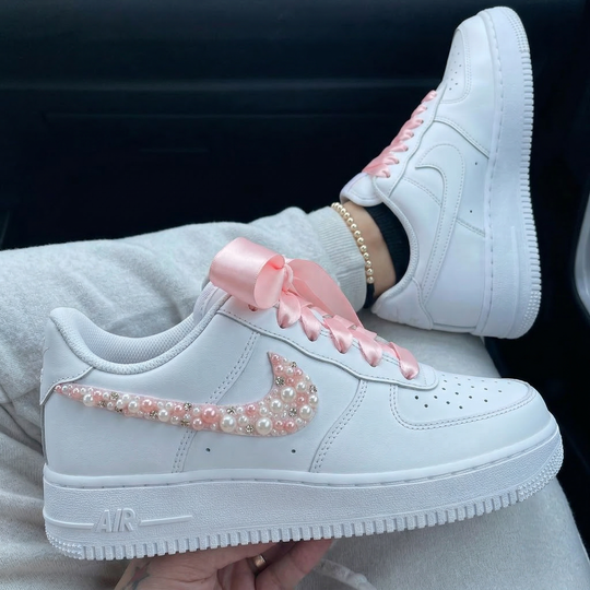 Weeding Custom Air Force 1 Baby Pink Pearls Bow Satin Laces