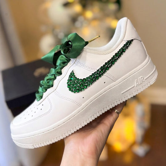 Weeding Custom Air Force 1 Green Rhinestones Swoosh Green Satin Laces Bows